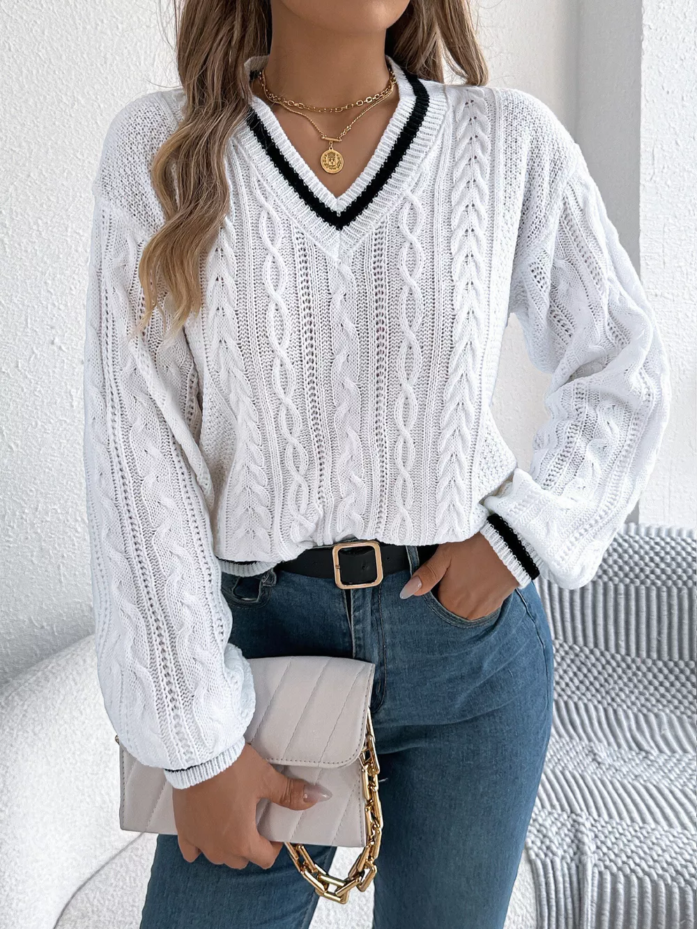 Cable Knit V-Neck Long Sleeve Sweater, image 14