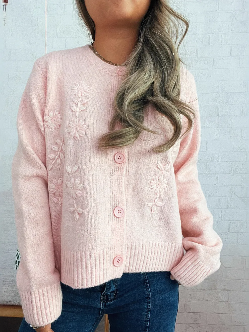 Flower Button Up Ribbed Hem Cardigan, image 11