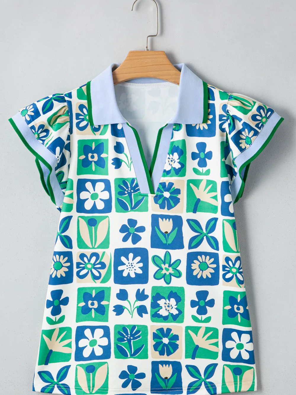 Floral Print Collared Blouse with Flutter Sleeves, image 3
