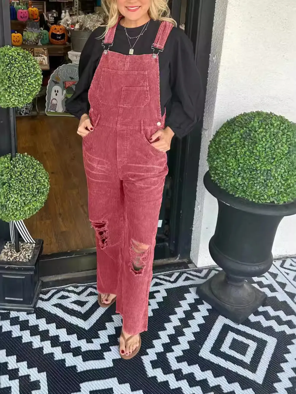 Distressed Wide Leg Corduroy Overalls, image 16