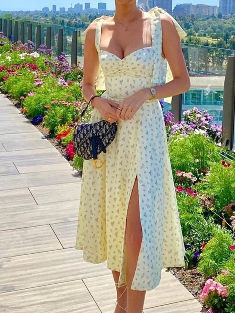 Floral Print Tie-Shoulder Slit Midi Dress, image 4