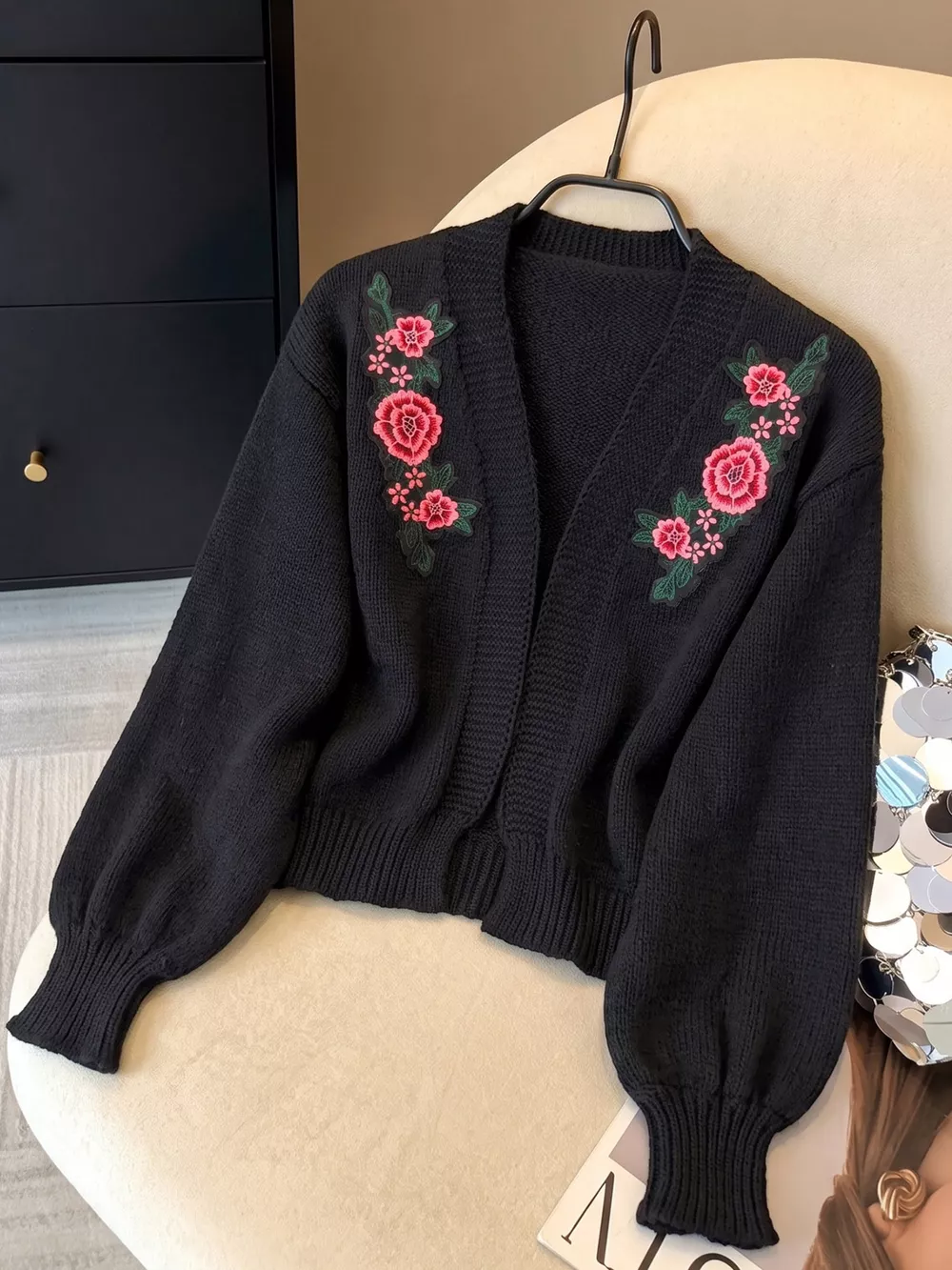Floral Embroidered Applique Knit Cardigan, image 7