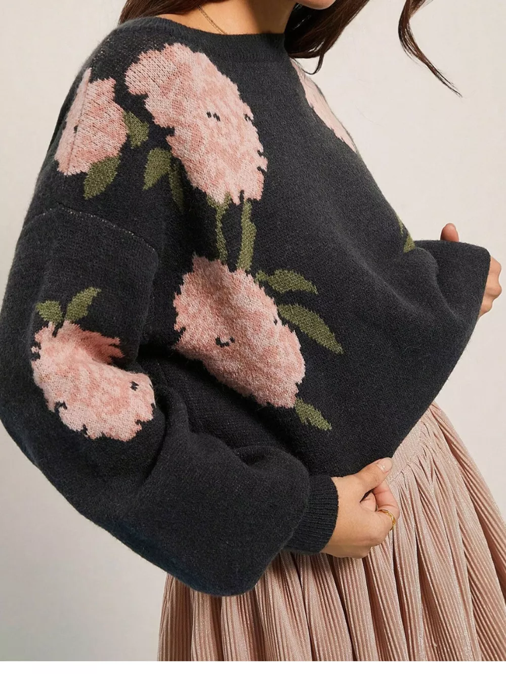 Floral Pattern Dropped Shoulder Sweater, image 4
