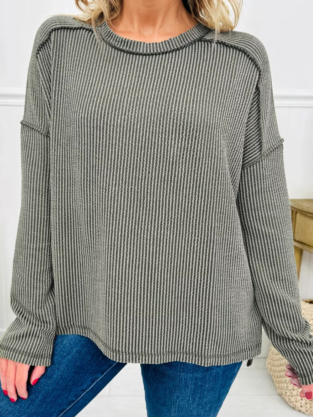 Twist Ribbed Exposed Seam Detail Long Sleeve Loose Top, image 13