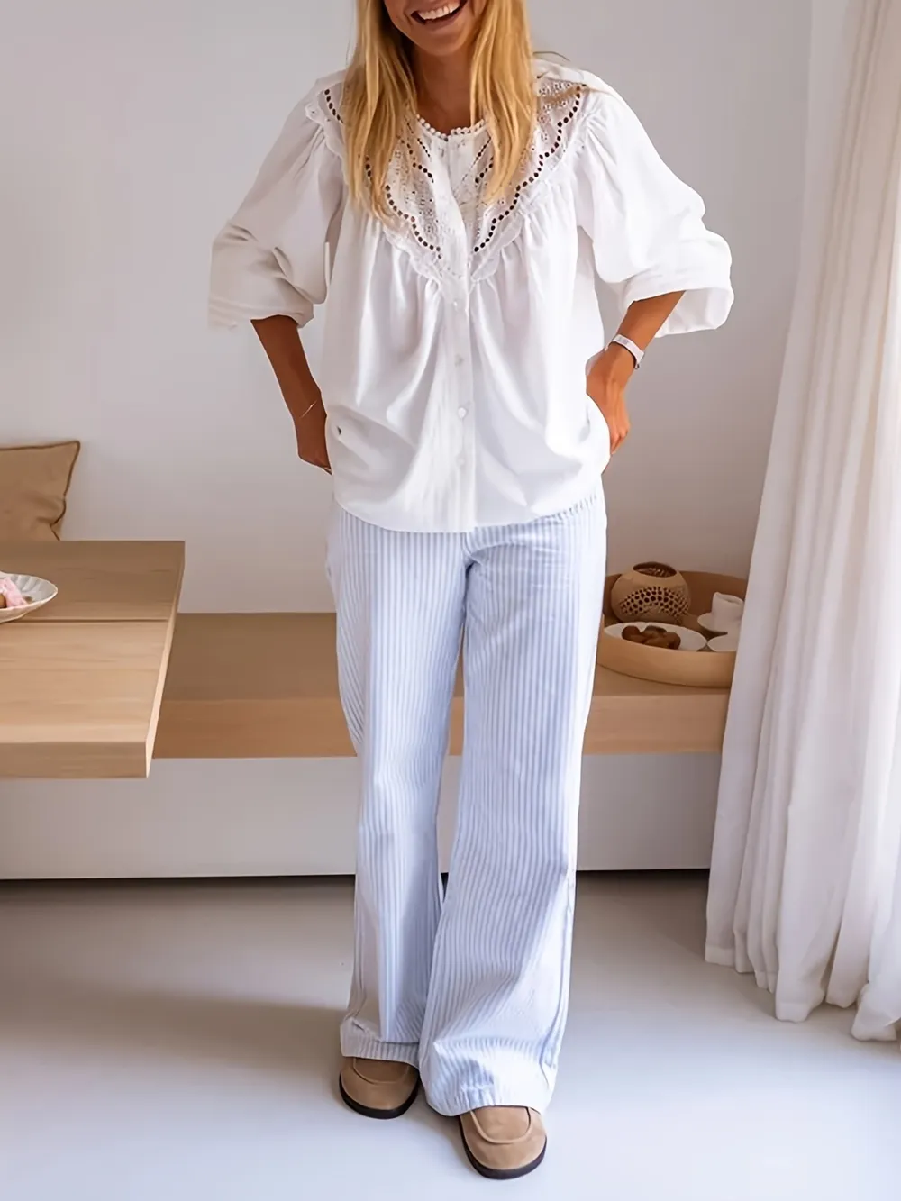 Eyelet Lace Detail Long Sleeve Blouse, image 2