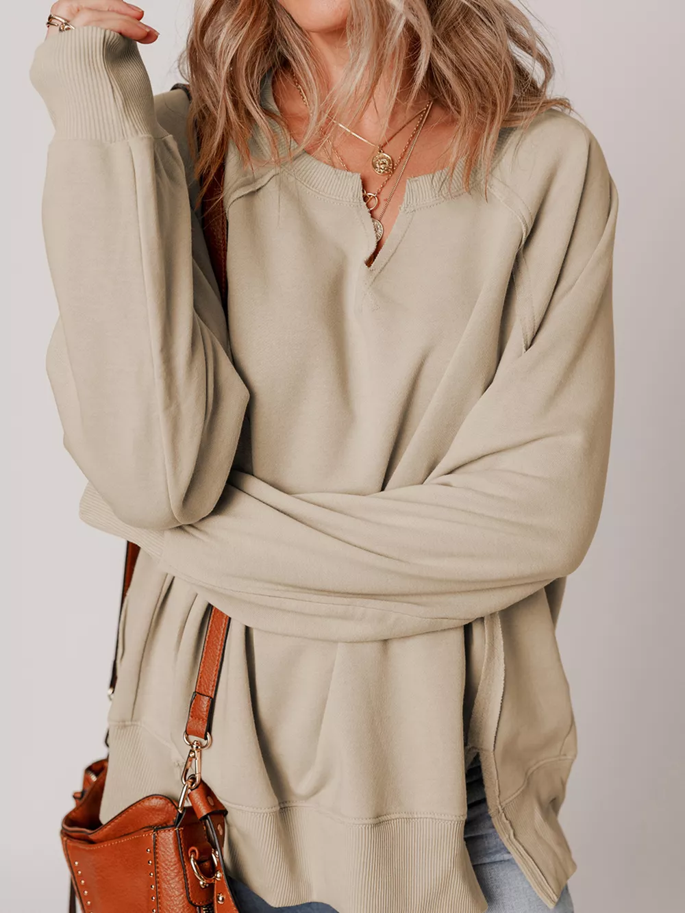 Raw Edge Exposed Seam Raglan Sleeve Side Slit Sweatshirt, image 4