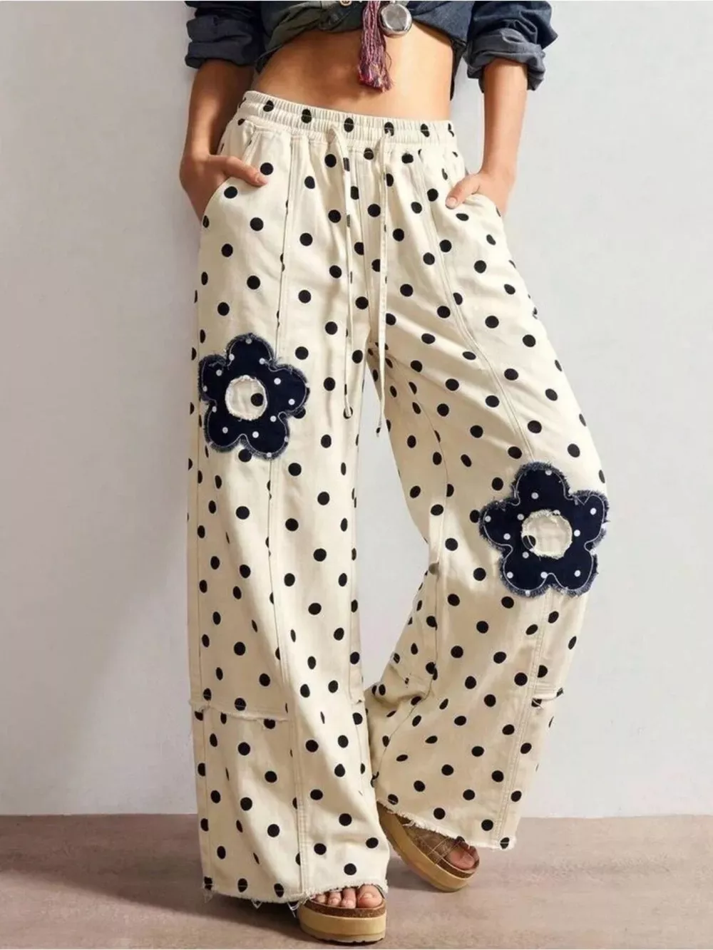 Floral Applique Polka Dot Wide-Leg Jeans