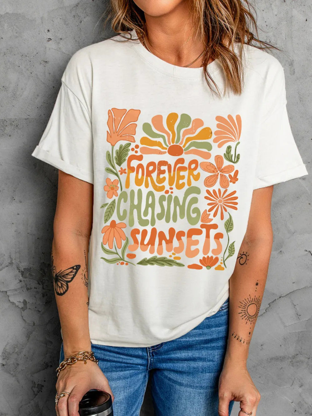 FOREVER CHASING SUNSETS Round Neck T Shirt, image 3