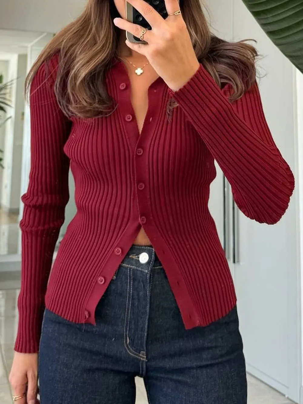 Ribbed Button-Front Long Sleeve Cardigan, image 10