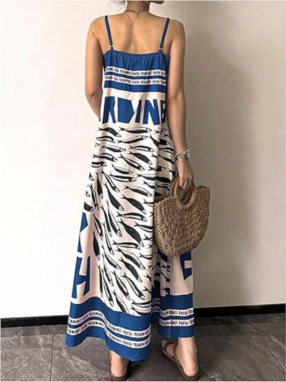 Sardine Print Spaghetti Strap Maxi Dress, image 4