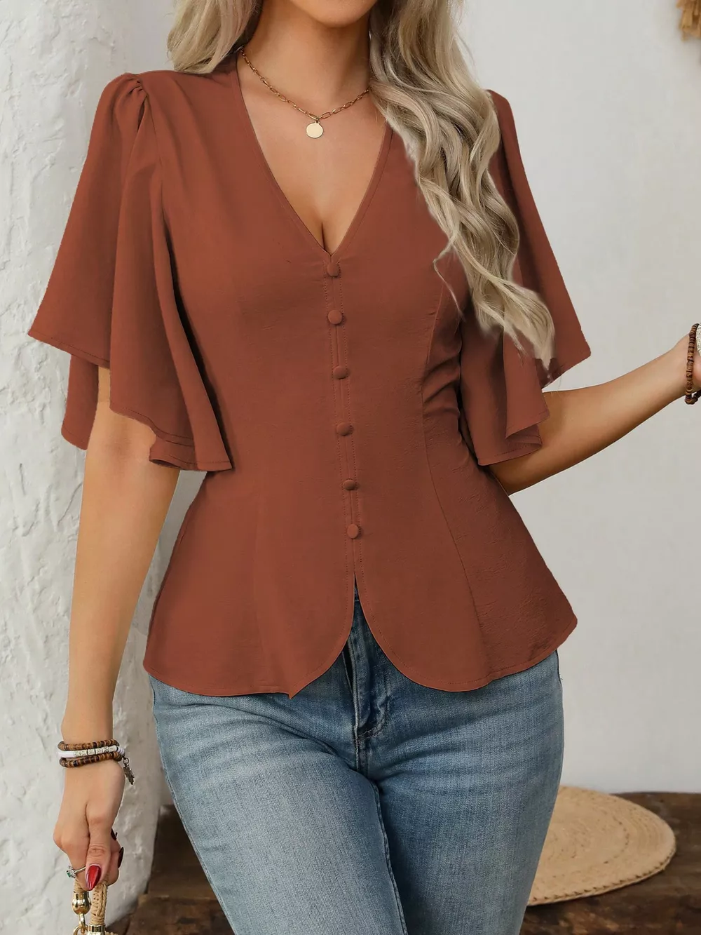 V-Neck Flutter Sleeve Blouse, image 22