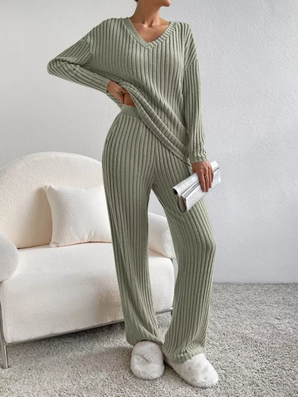 Ribbed Knit V-Neck Top and Pants Set, image 17