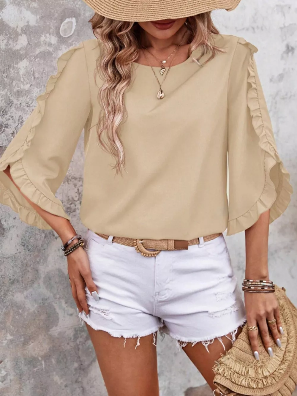 Ruffle Sleeve Solid Color Blouse, image 18