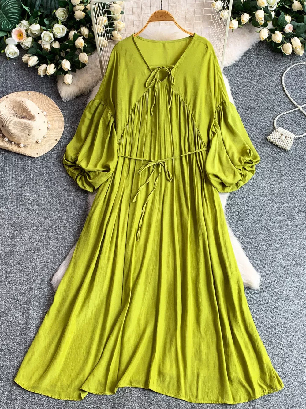 Balloon Sleeve Tie-Waist Dress, image 2