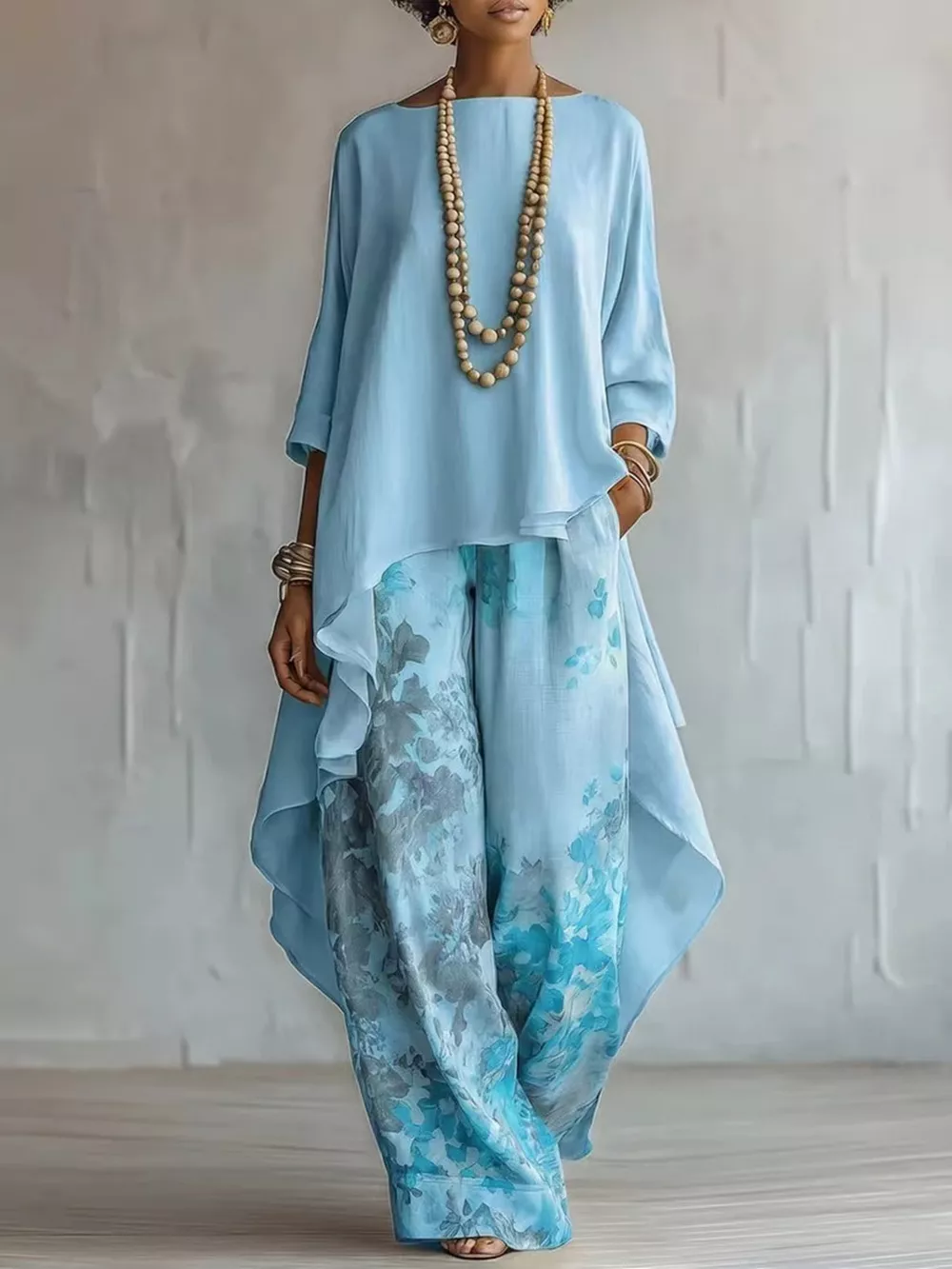 Asymmetrical Hem Top and Floral Pants Set, image 10