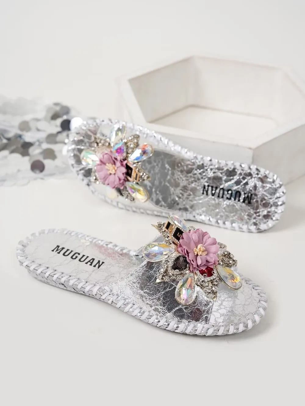 Floral Embellished Slide Sandals, image 12