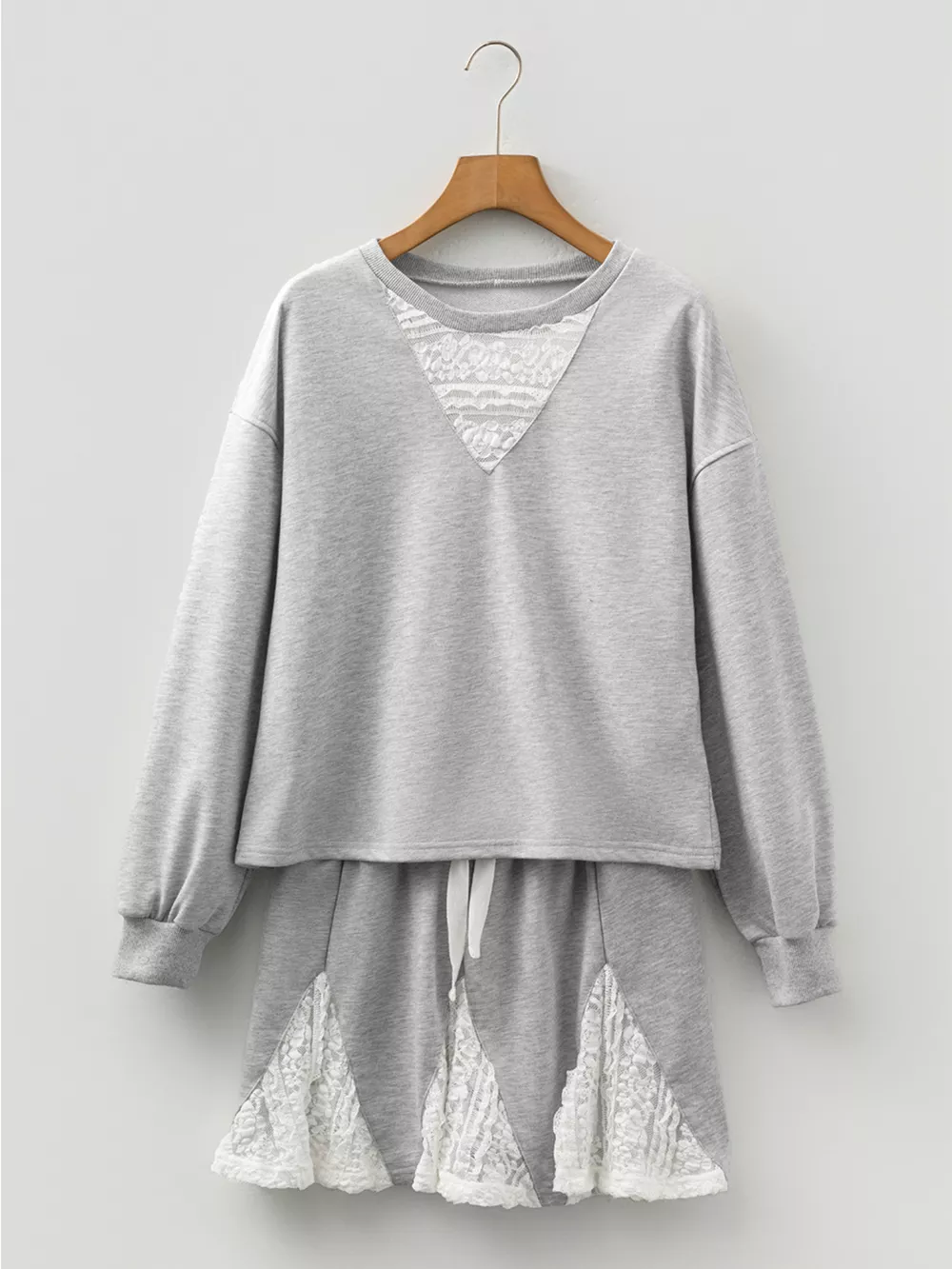 Lace Patchwork Drop Shoulder Top and Drawstring Skort 2pcs Outfit, image 9