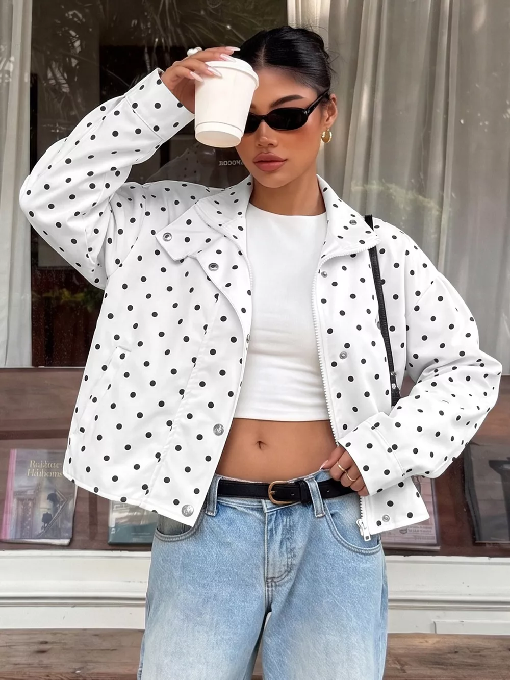 Polka Dot Zip Up Cropped Jacket, image 4