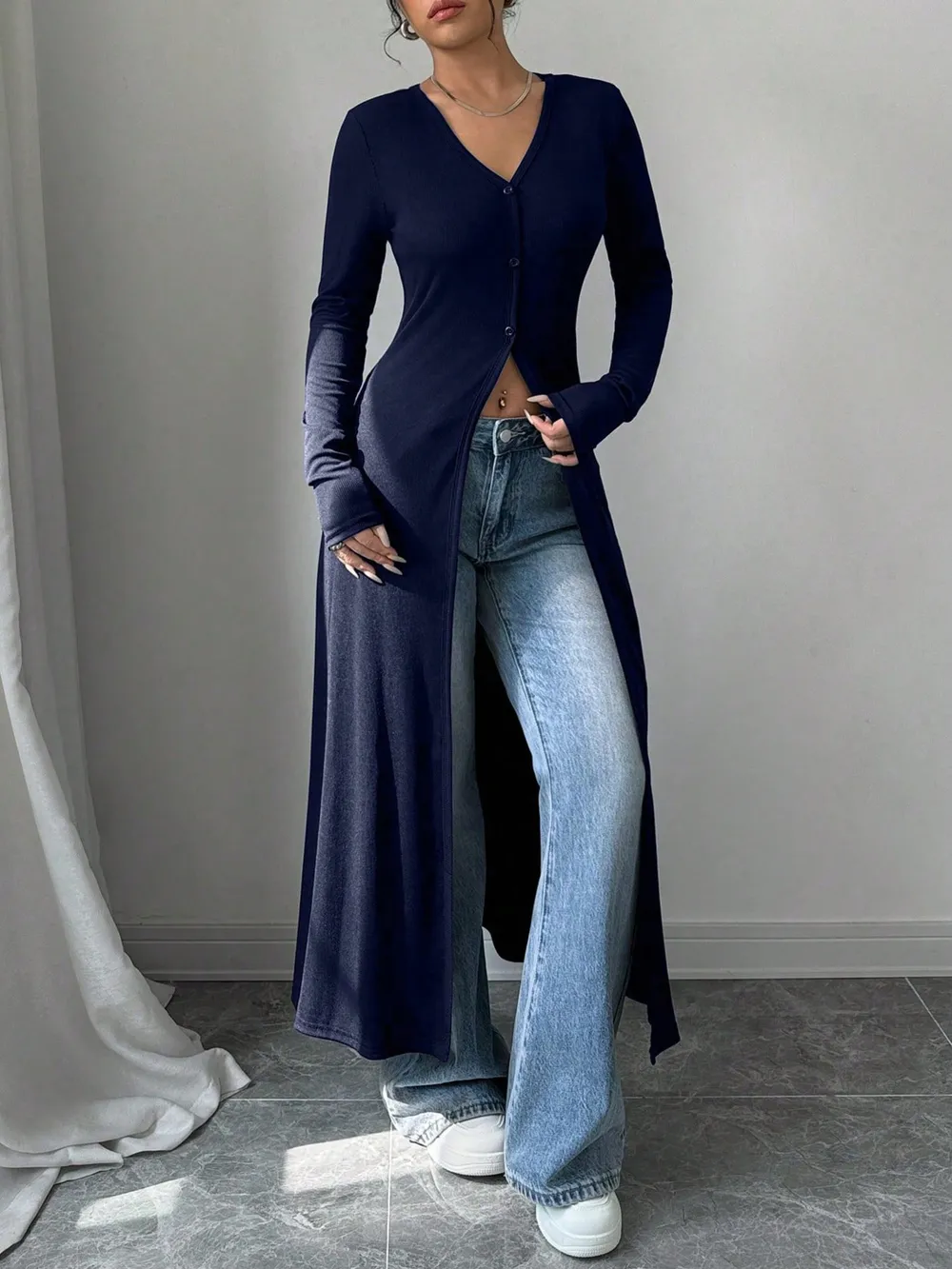 V-Neck Button-Front Longline Cardigan, image 5