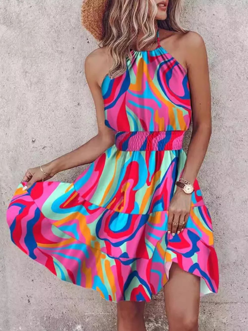 Bohemian Printed Halter Mini Dress, image 4