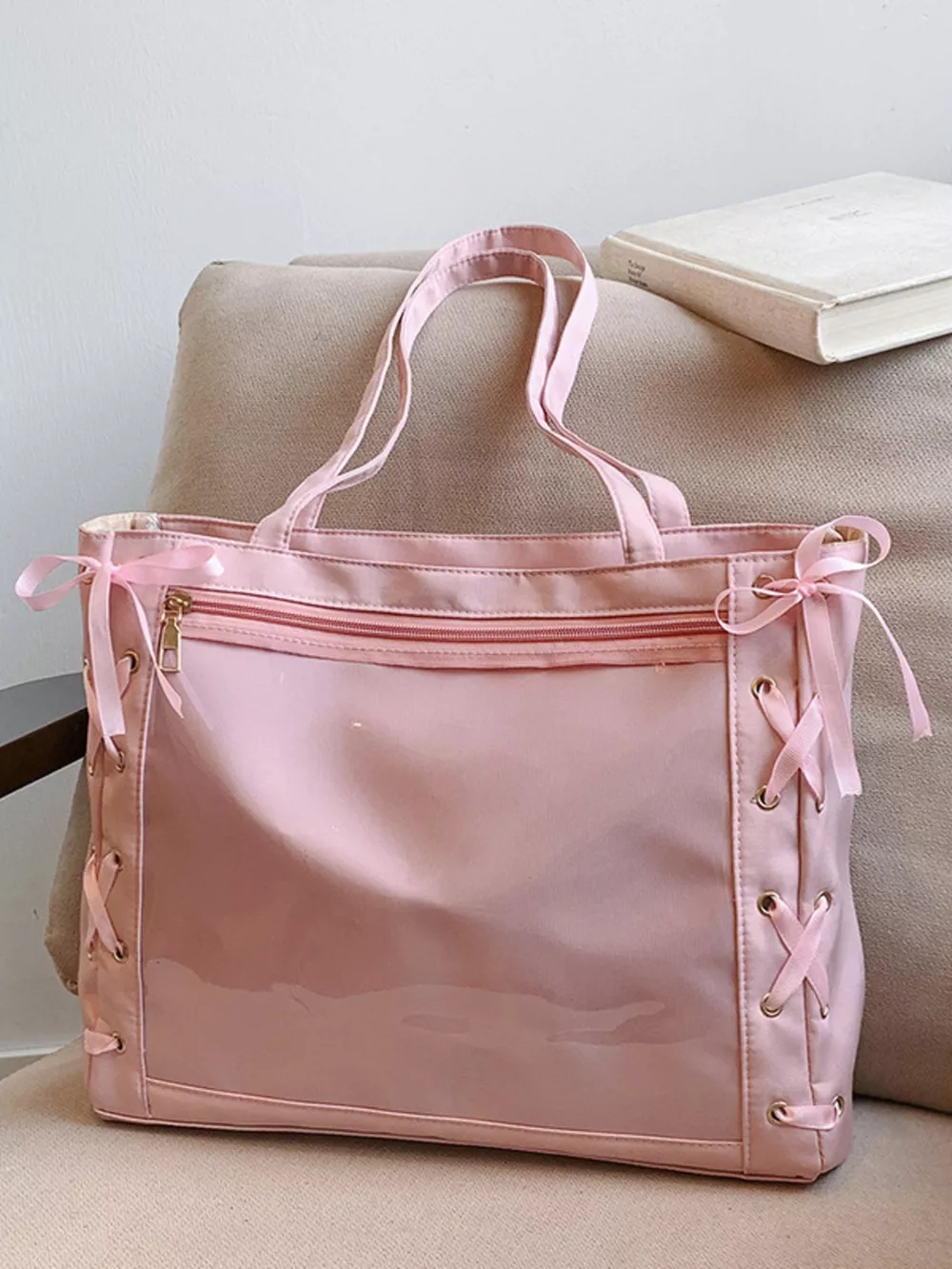 Lace-Up Trim Clear Panel Shoulder Bag, image 7