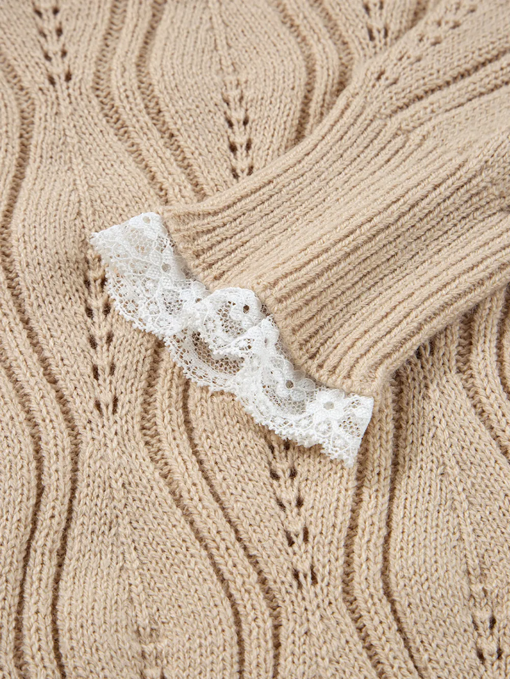 Pearl Beaded Pointelle Knit V Neck Lace Patchwork Sleeve Sweater, image 6