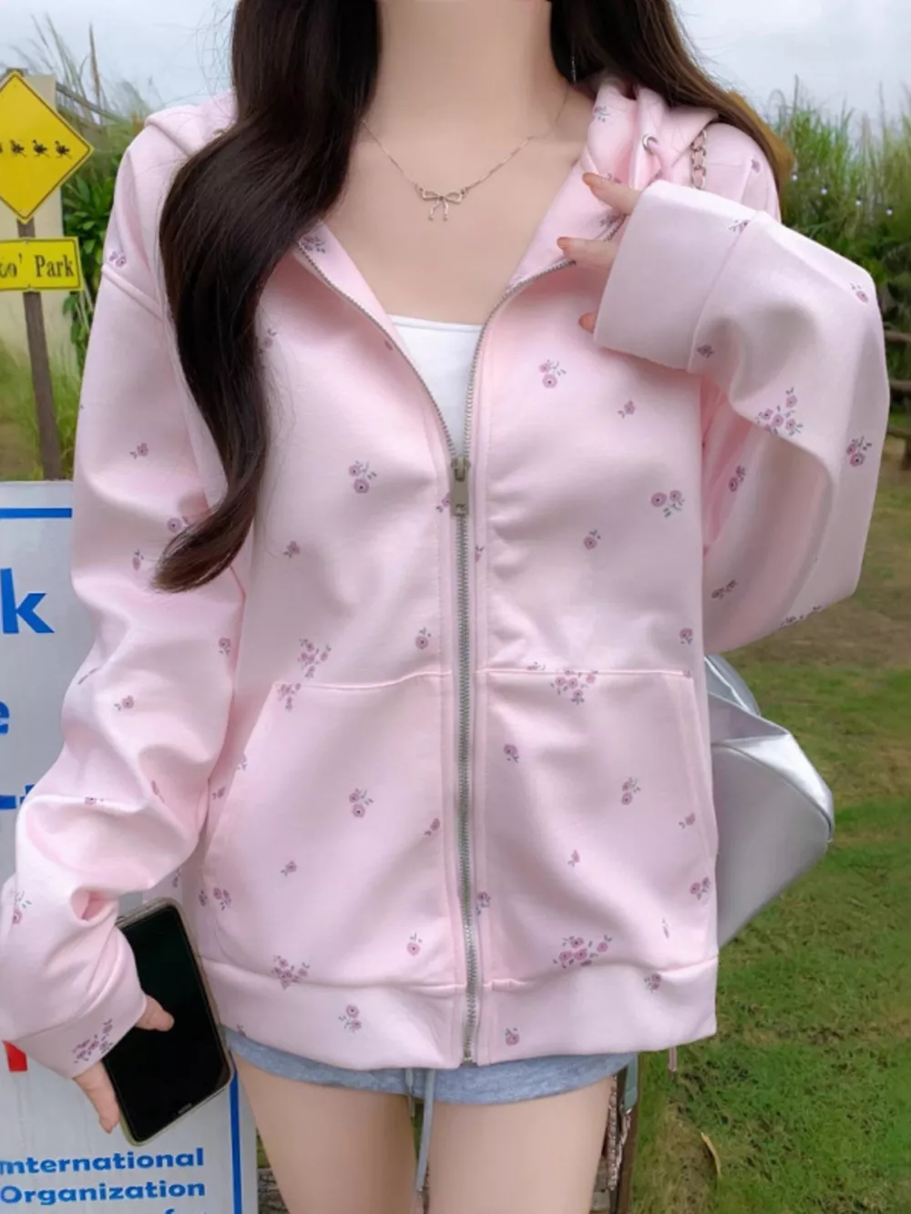 Floral Print Zip-Up Hoodie