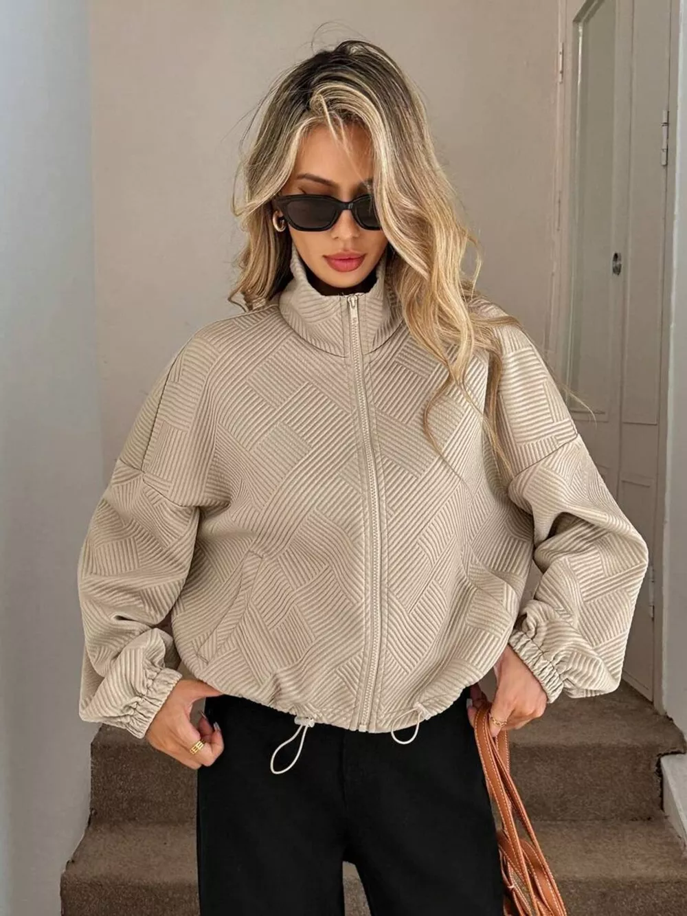Drawstring Hem Textured Long Sleeve Jacket, image 17