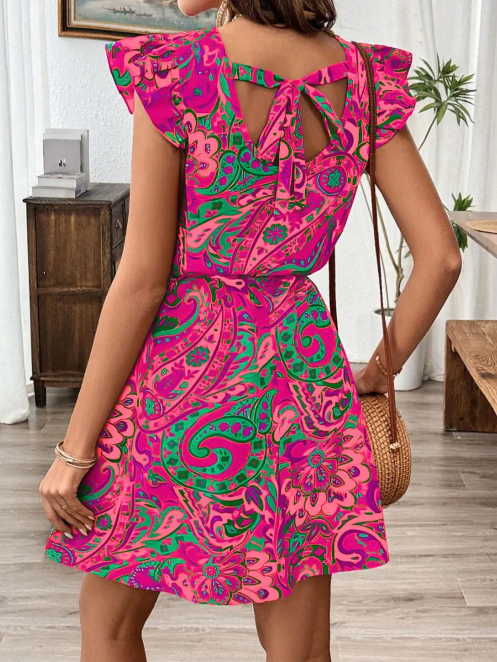 Paisley Print Ruffle Sleeve Mini Dress, image 3