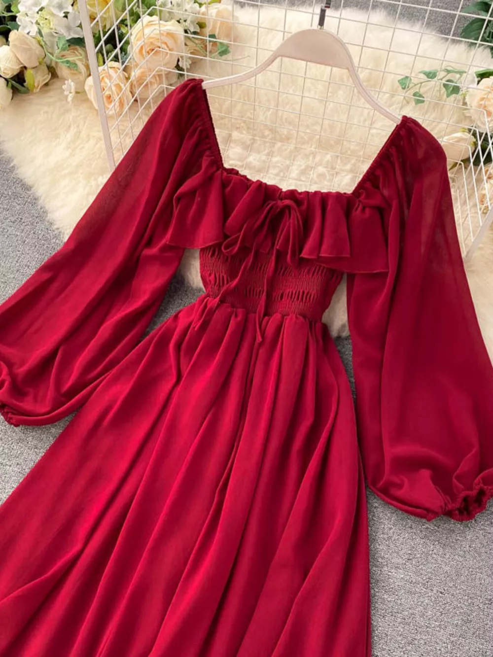 Ruffle Square Neck Balloon Sleeve A-Line Dress, image 25