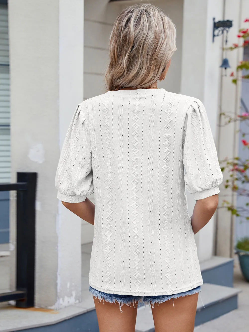 Eyelet V-Neck Puff Sleeve Casual Top, image 15