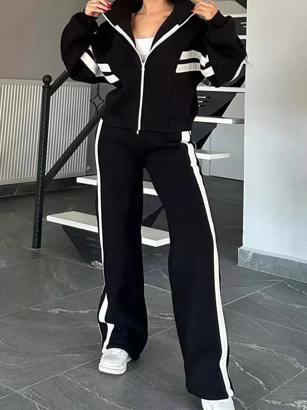 Full Size Contrast Stripe Zip Up Jacket and Pants Set Plus Size, image 15