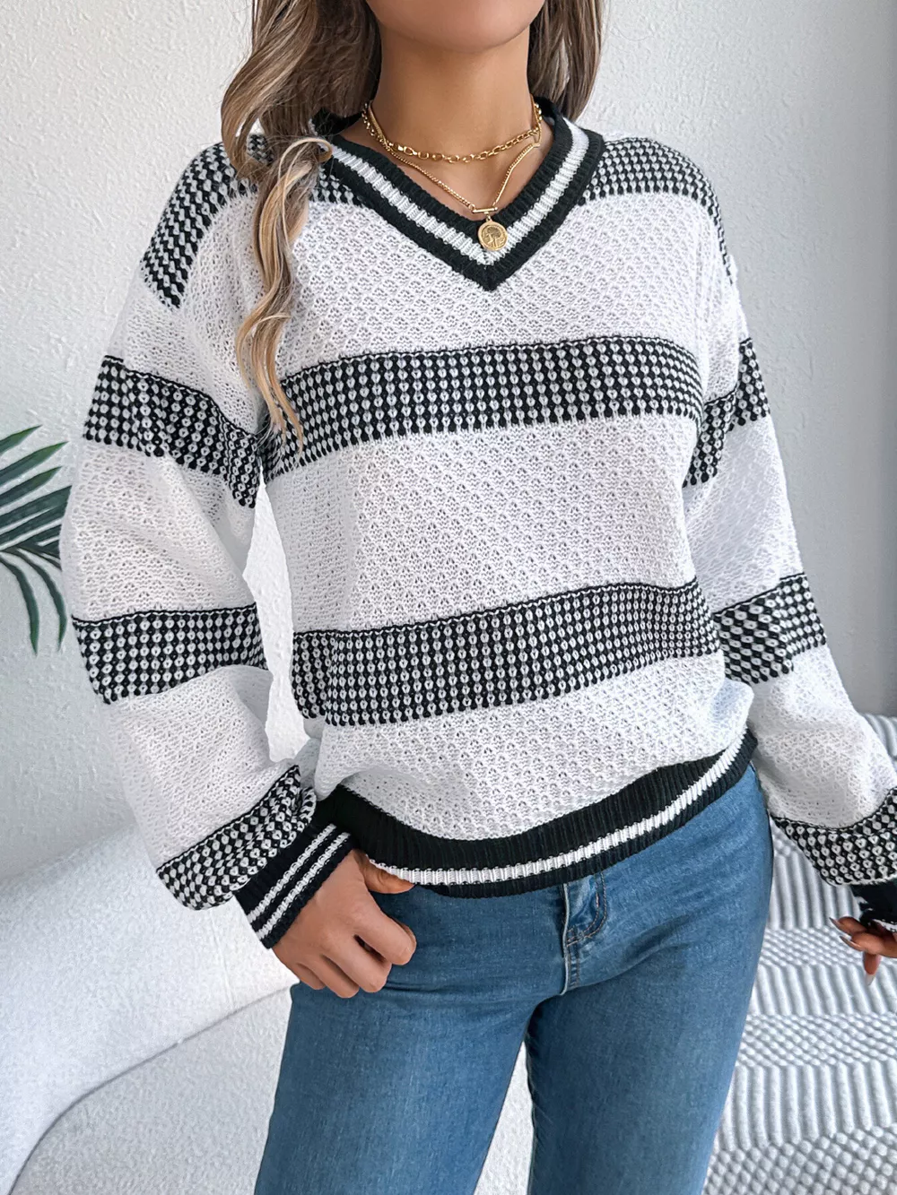 Contrast Striped V-Neck Sweater, image 5