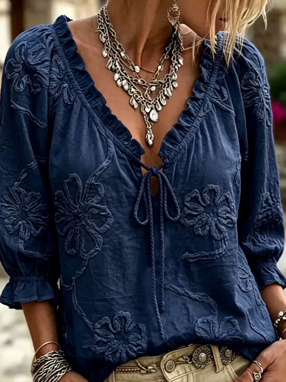 Floral Tie Neck 3/4 Sleeve Blouse, image 8