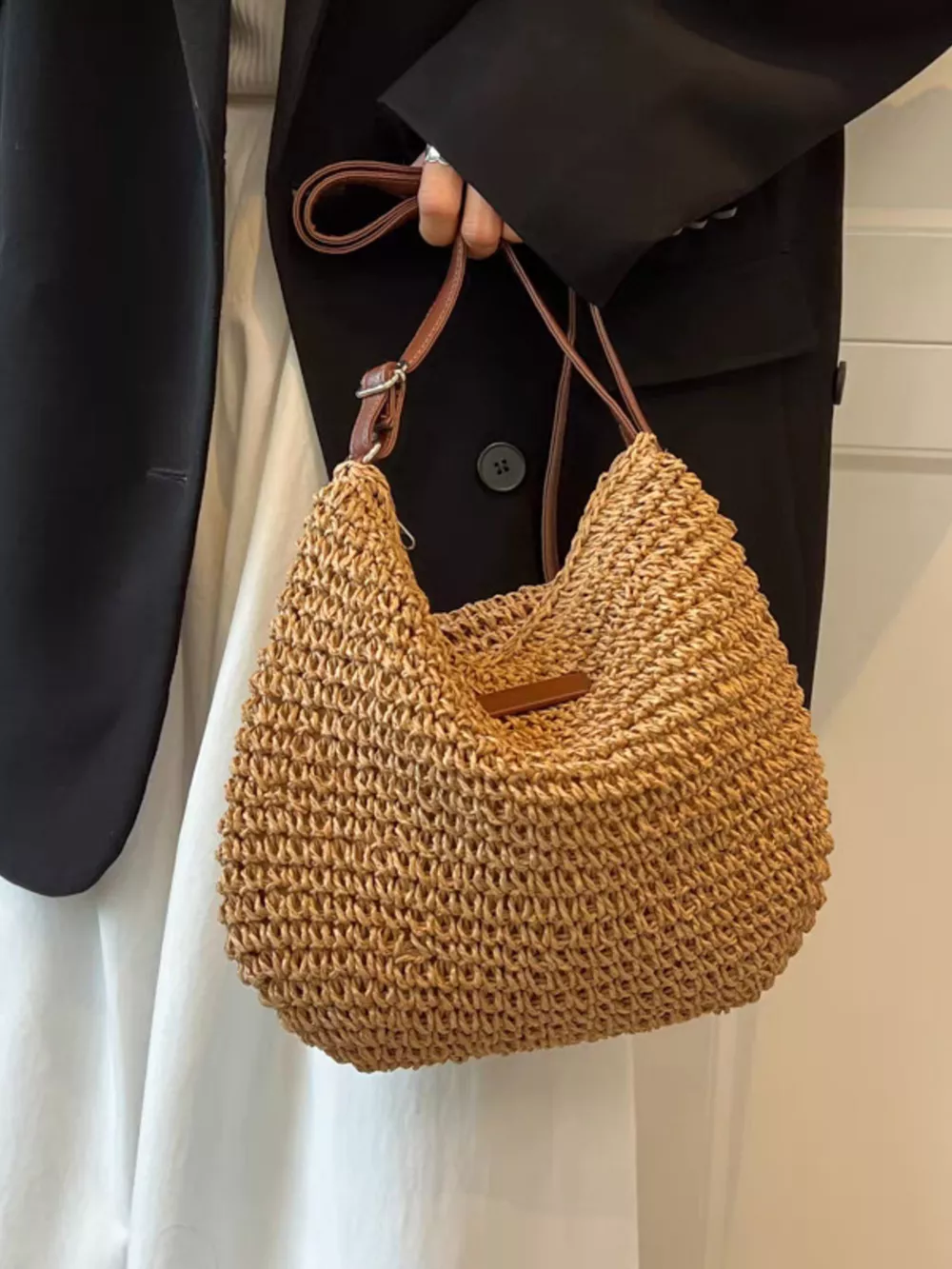 Woven Straw Adjustable Strap Crossbody Bag, image 2