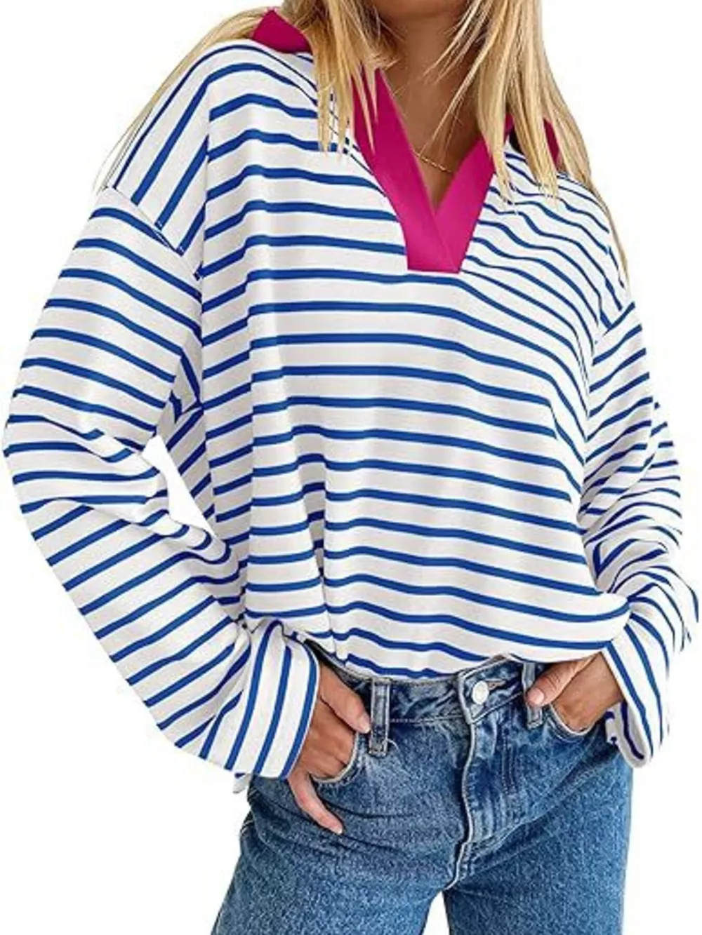 Striped Contrast Collar Long Sleeve Top, image 18