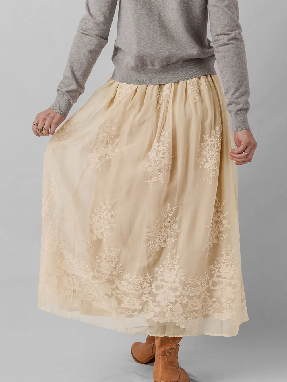 Embroidered Mesh Overlay Flowy Midi Skirt, image 5