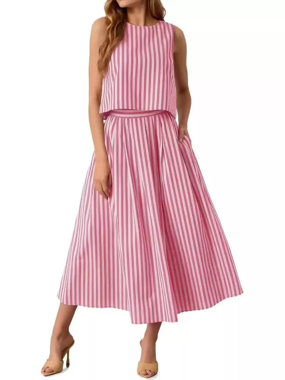 Striped Sleeveless Top and Midi Skirt Two-Piece Set, image 2