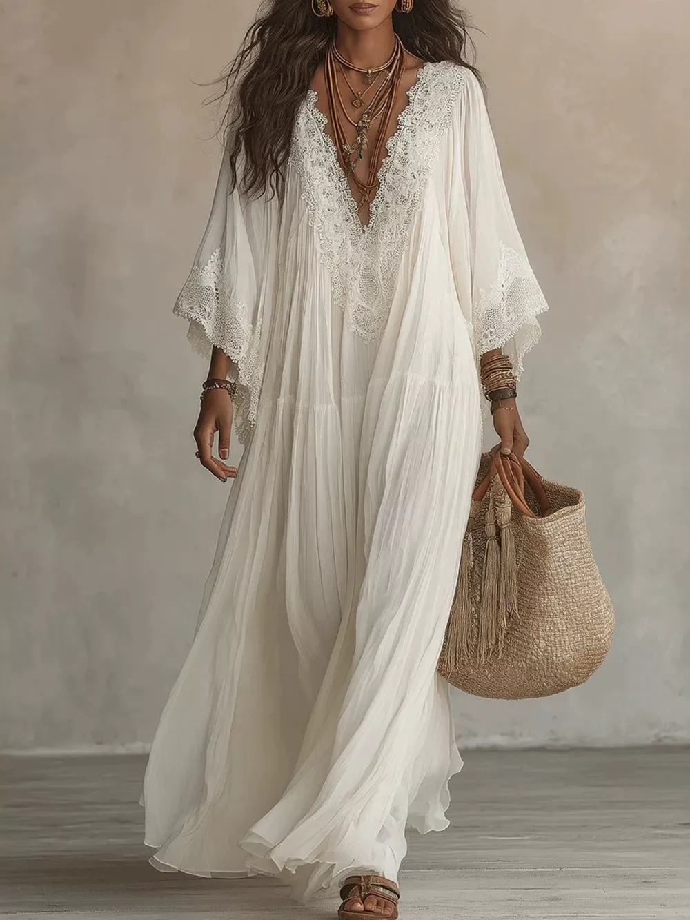 Lace Trim V-Neck Maxi Dress, image 2