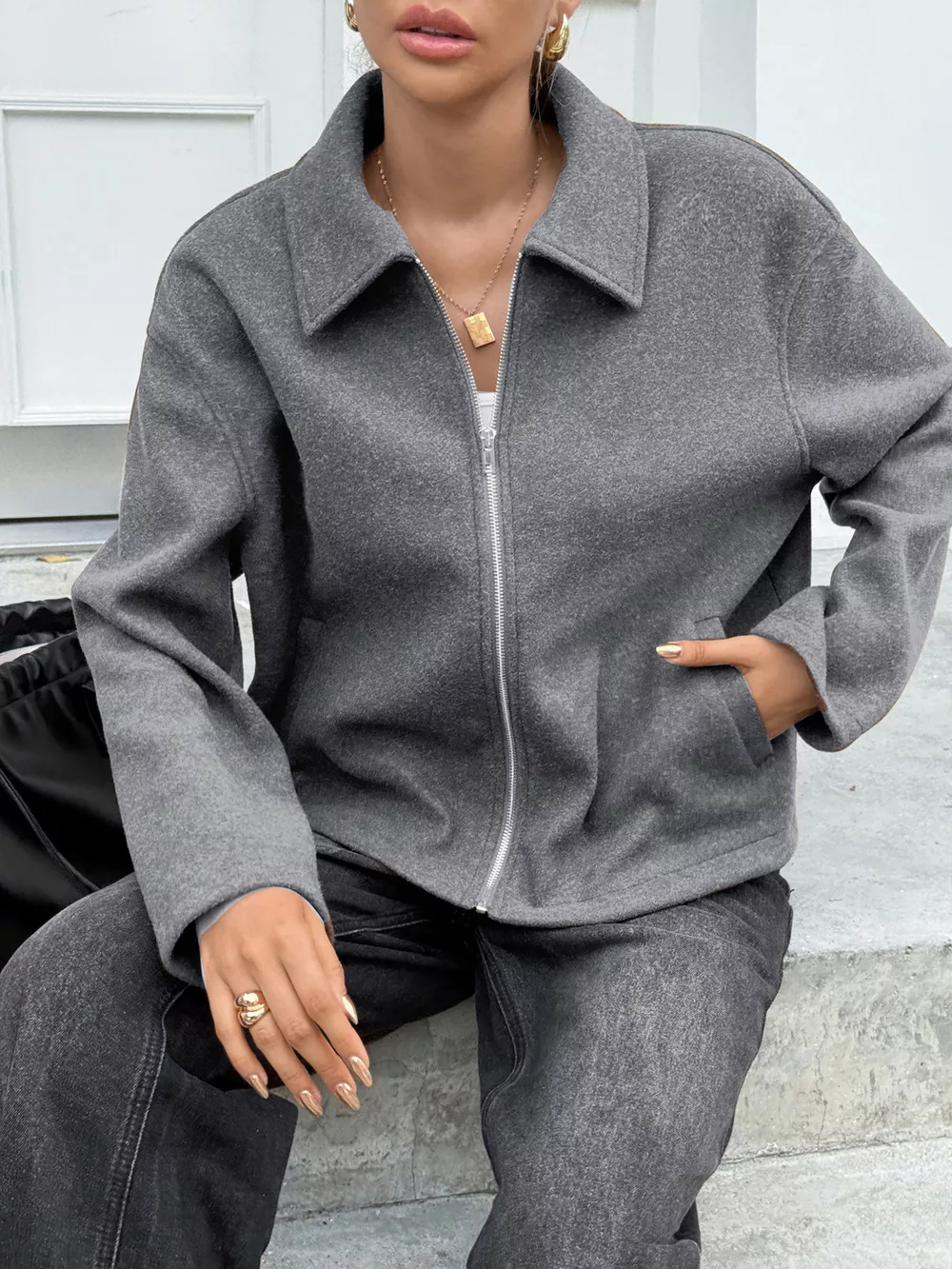Zip-Up Dropped Shoulder Jacket, image 11