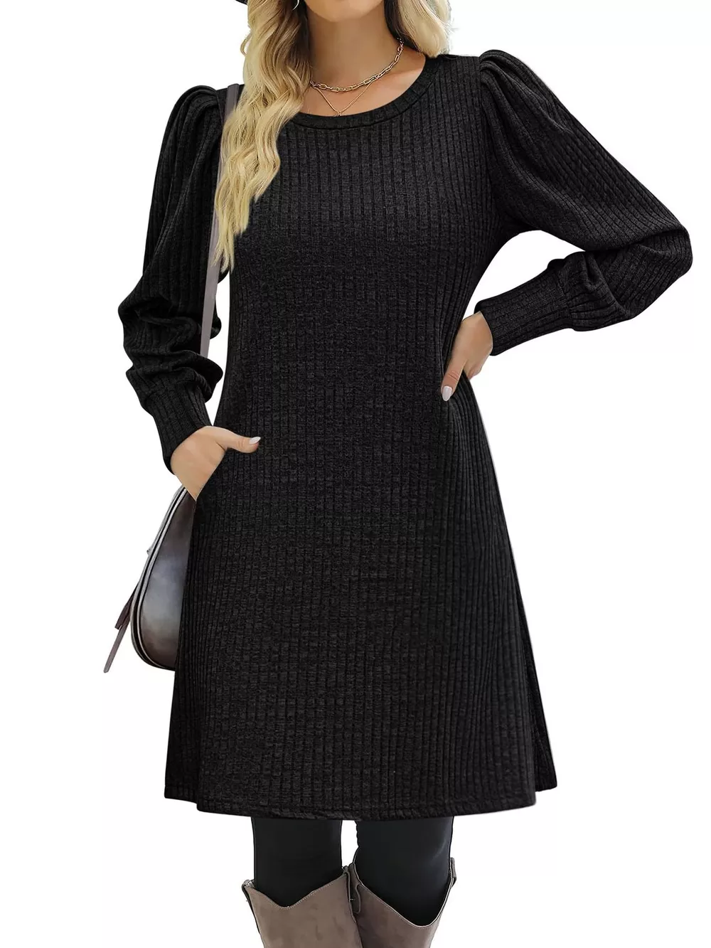 Ribbed Knit Puff Sleeve Casual Mini Dress, image 23