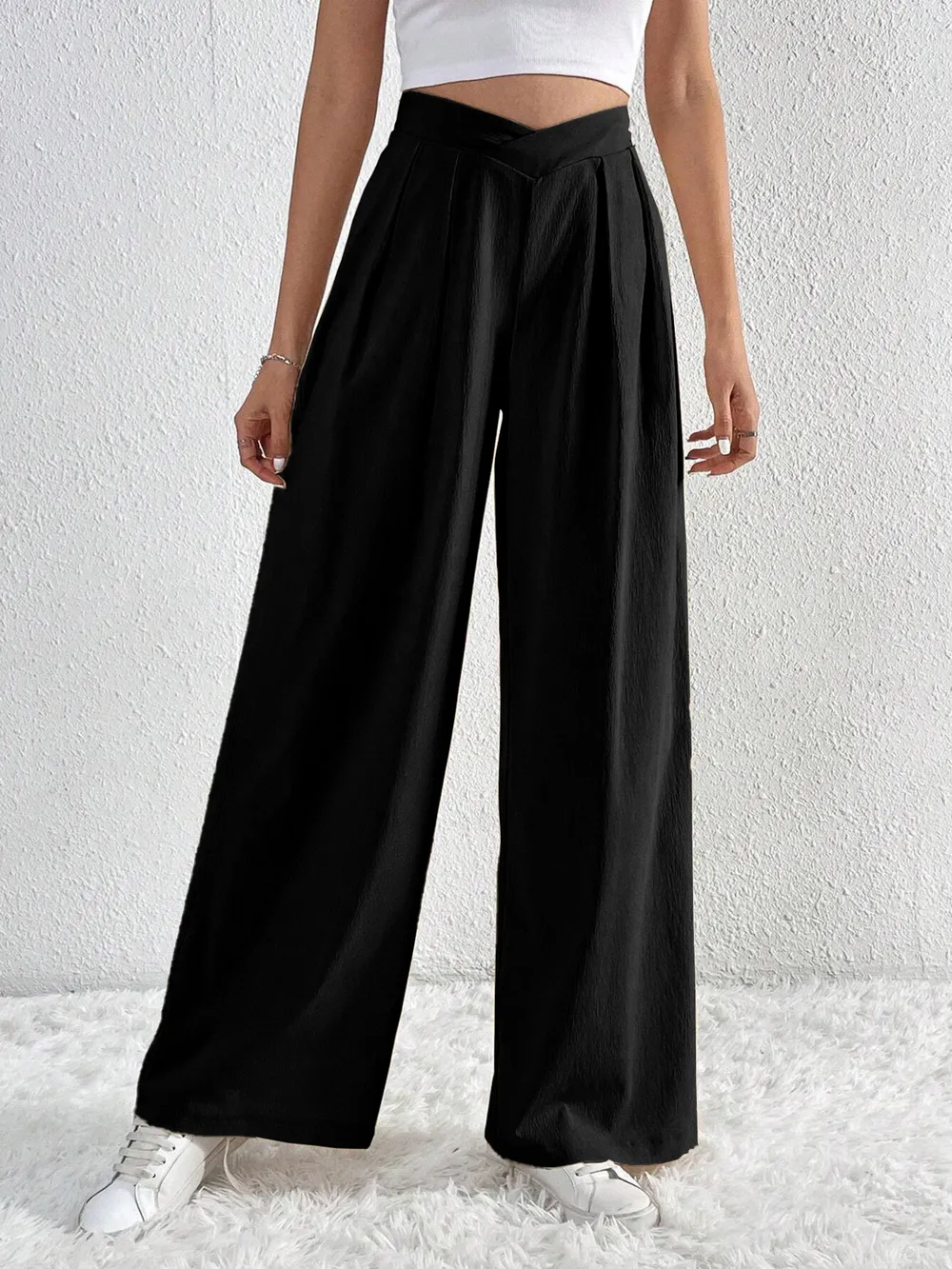 V-Waisted Ruched Front Wide Leg Pants, image 13