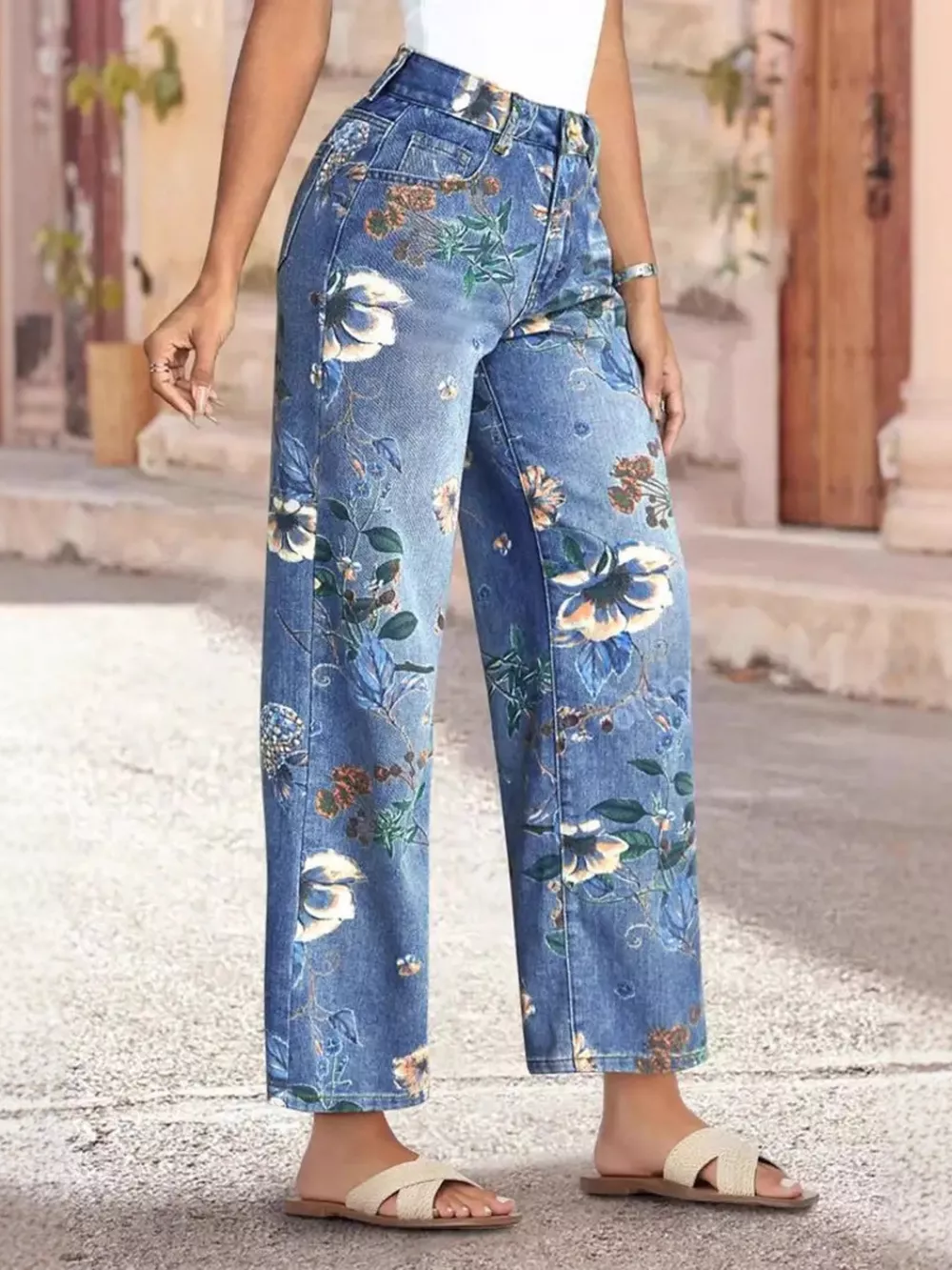Floral Print Wide Leg Jeans, image 3