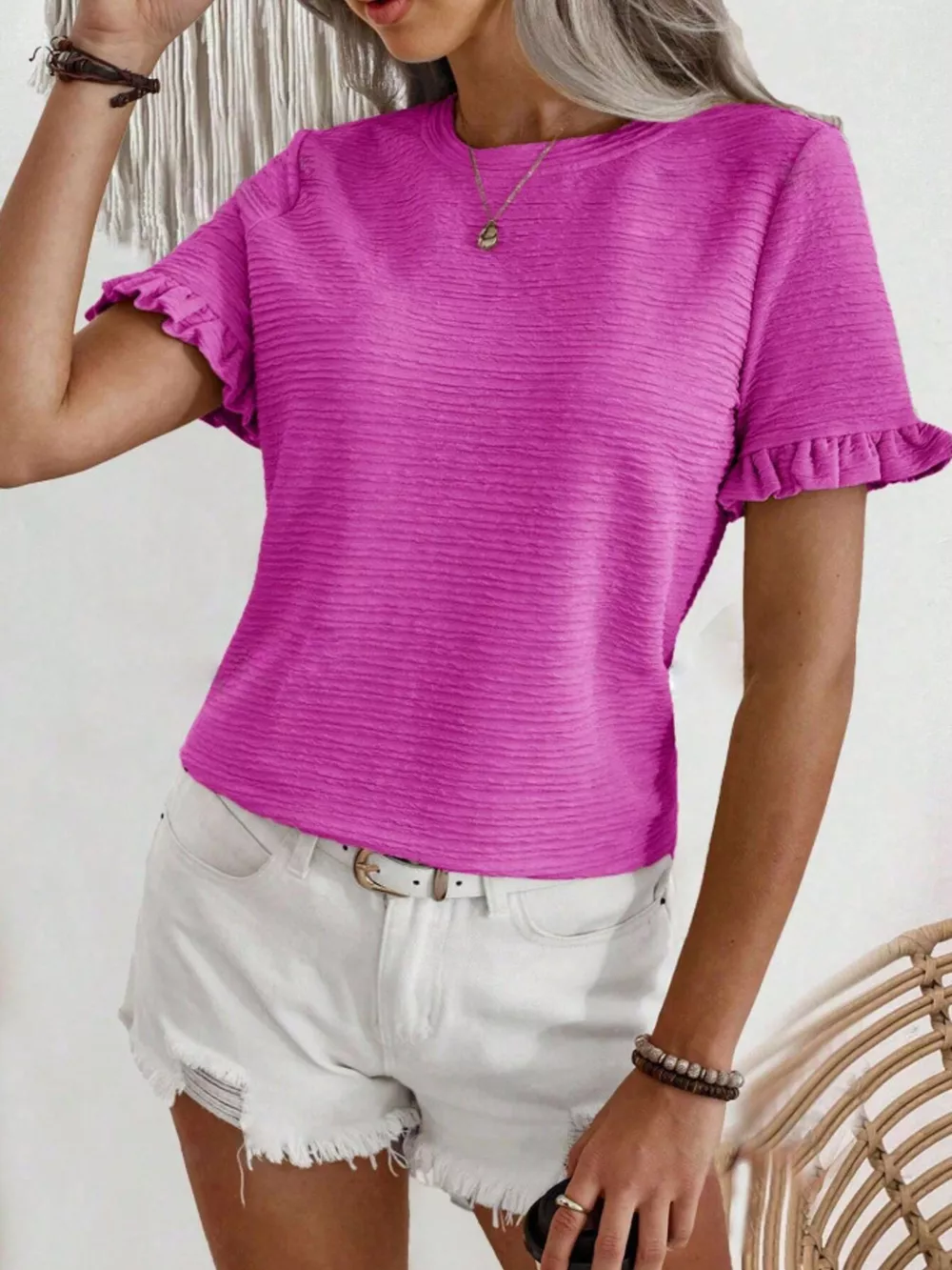 Textured Ruffle Sleeve Round Neck T-Shirt, image 5