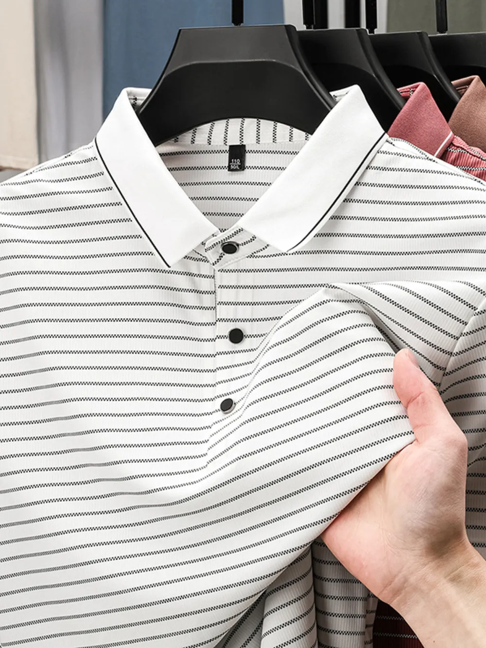 Men's Full Size Striped Button Detail Short Sleeve Polo Plus Size, image 10