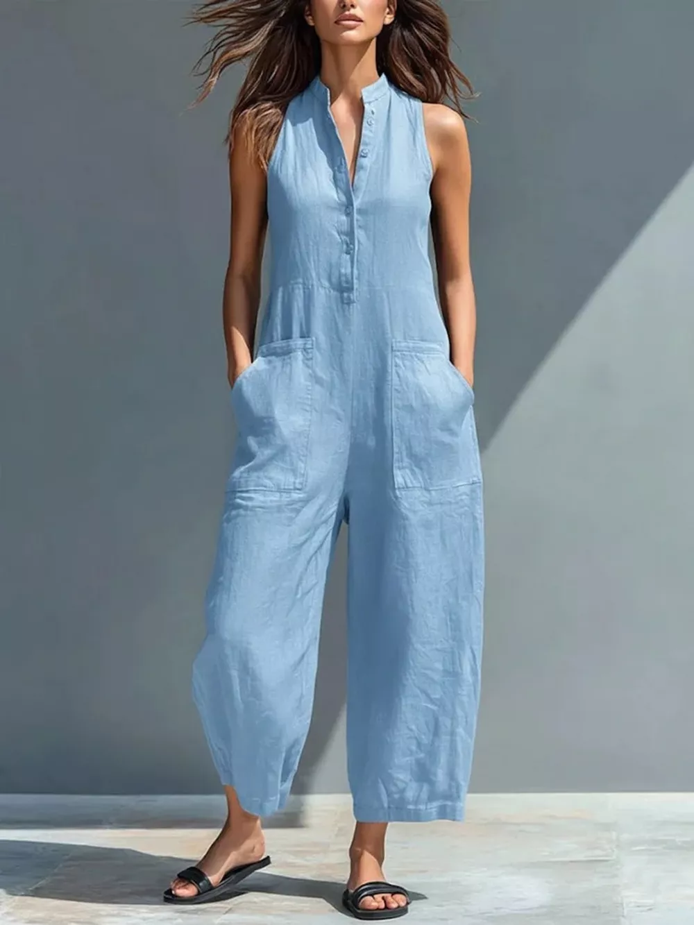 Full Size Button Front Sleeveless Jumpsuit Plus Size, image 2