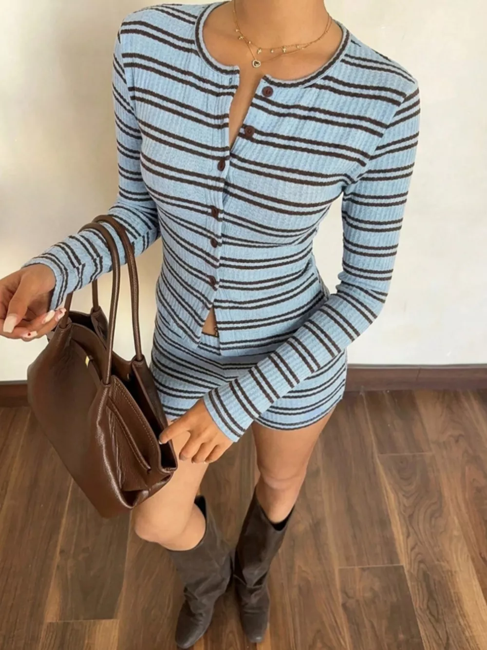 Striped Button-Down Cardigan and Shorts Set, image 7