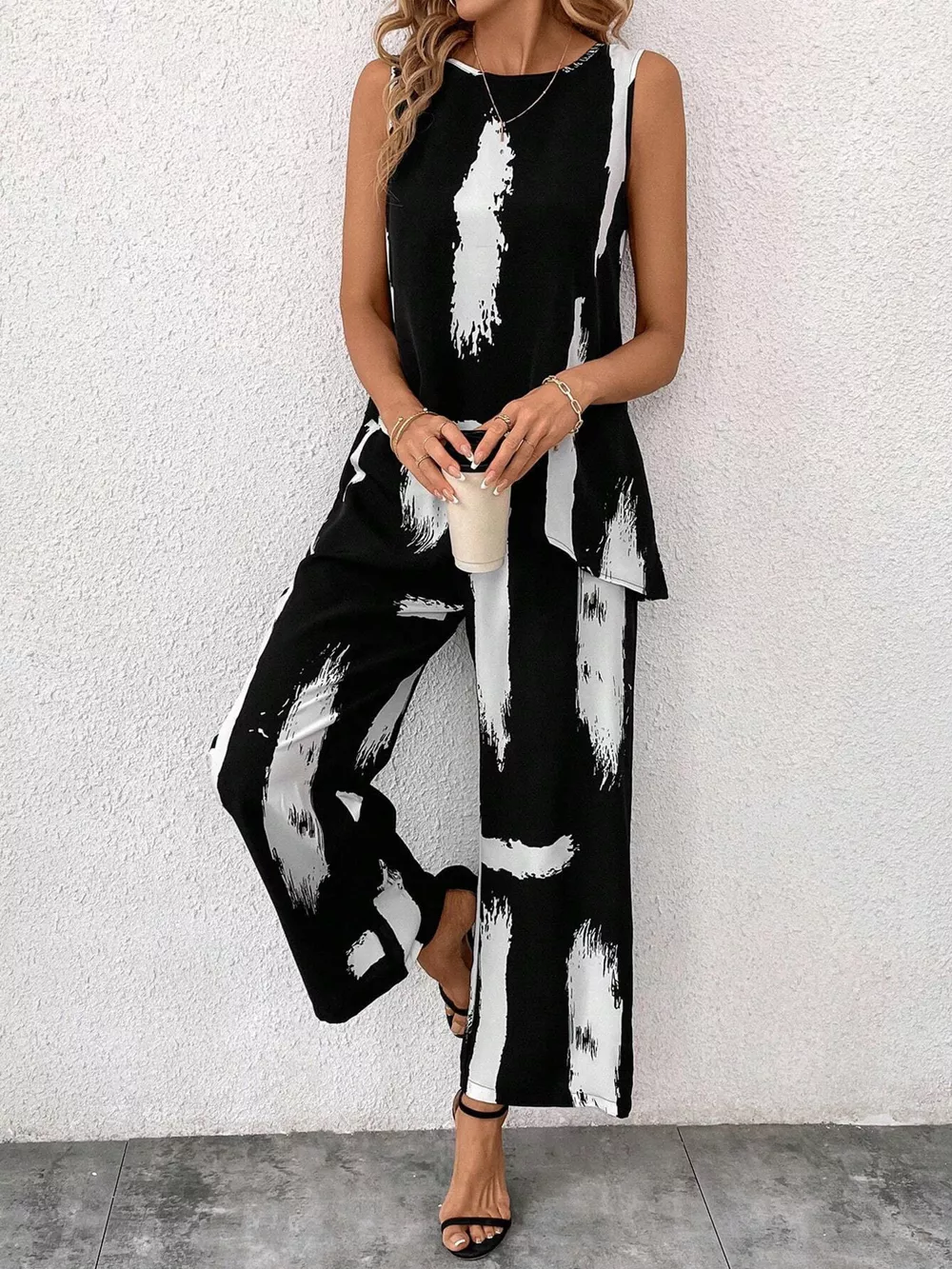 Abstract Print Sleeveless Top & Wide Leg Pants Set, image 8
