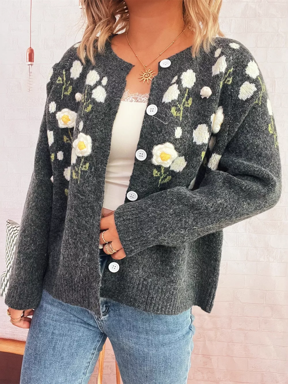 Flower Button Up Long Sleeve Cardigan, image 8
