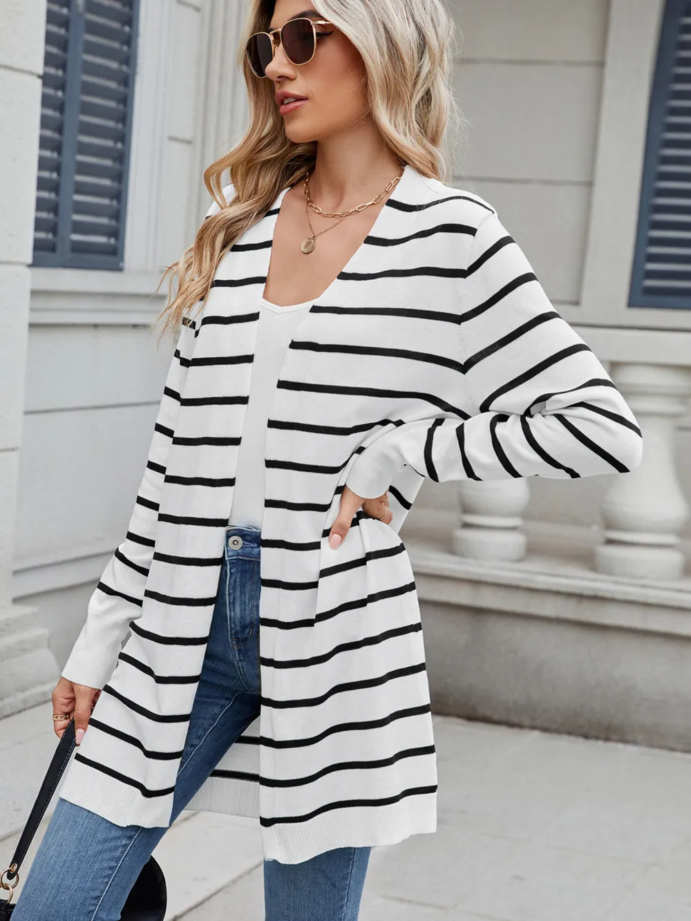 Striped Open Front Cardigan with Relaxed Fit, image 6